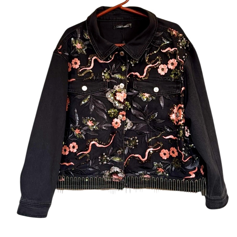 GABBY ISABELLA Women's Black Denim Embroidered Flowers Mesh Denim Jacket XL NEW